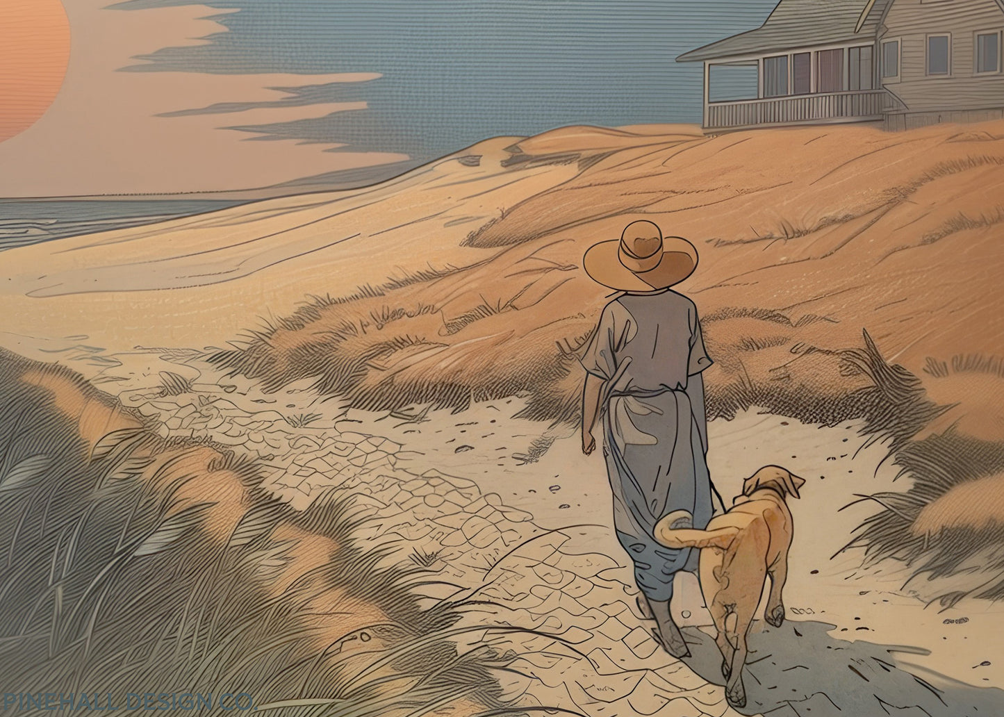 Enchanting Sunrise Beach House Dog Walk Illustration | Vintage Style Art Print | Instant Download Printable