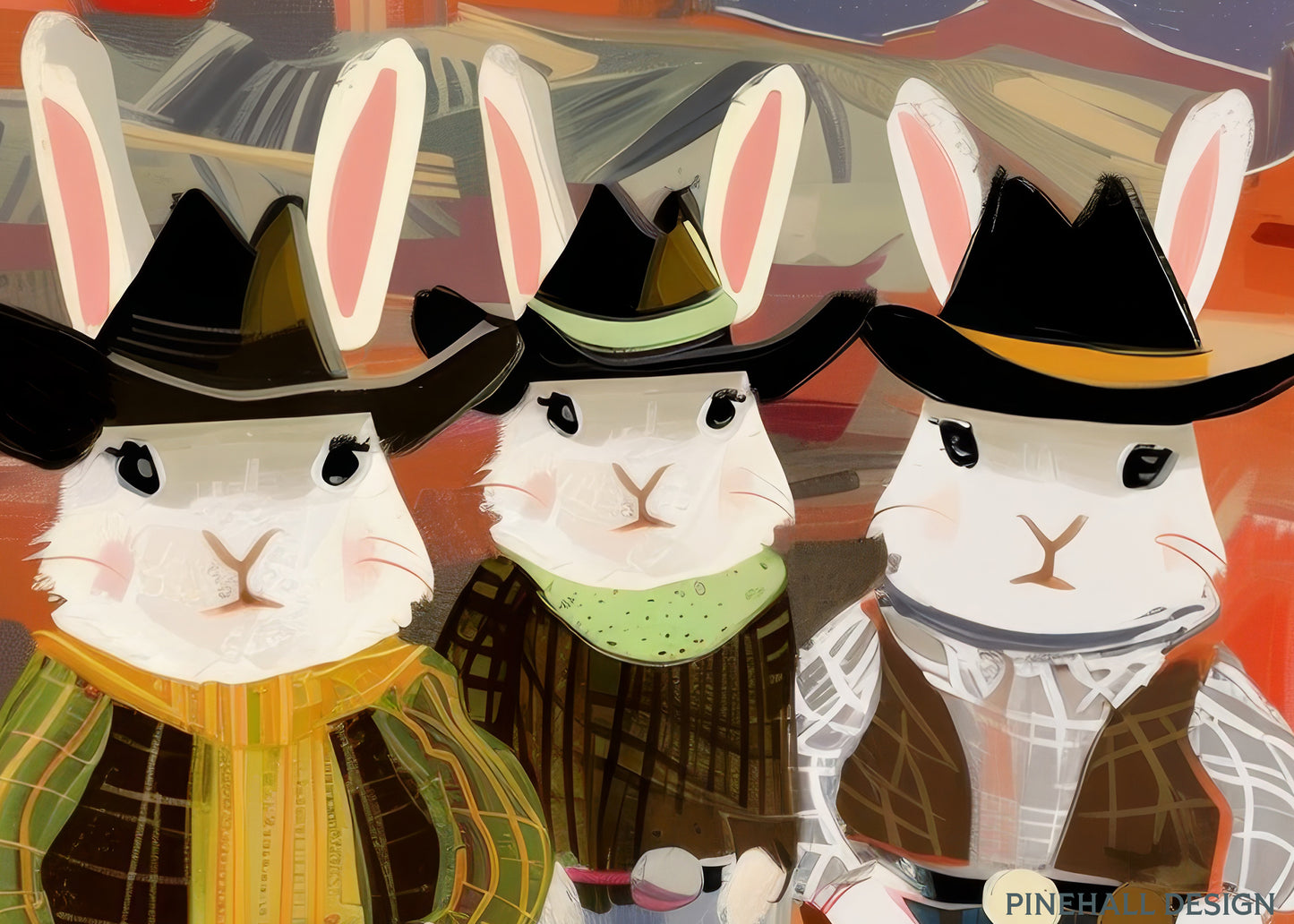 Bunnies in Cowgirl Outfits | Whimsical Digital Painting | Printable Download