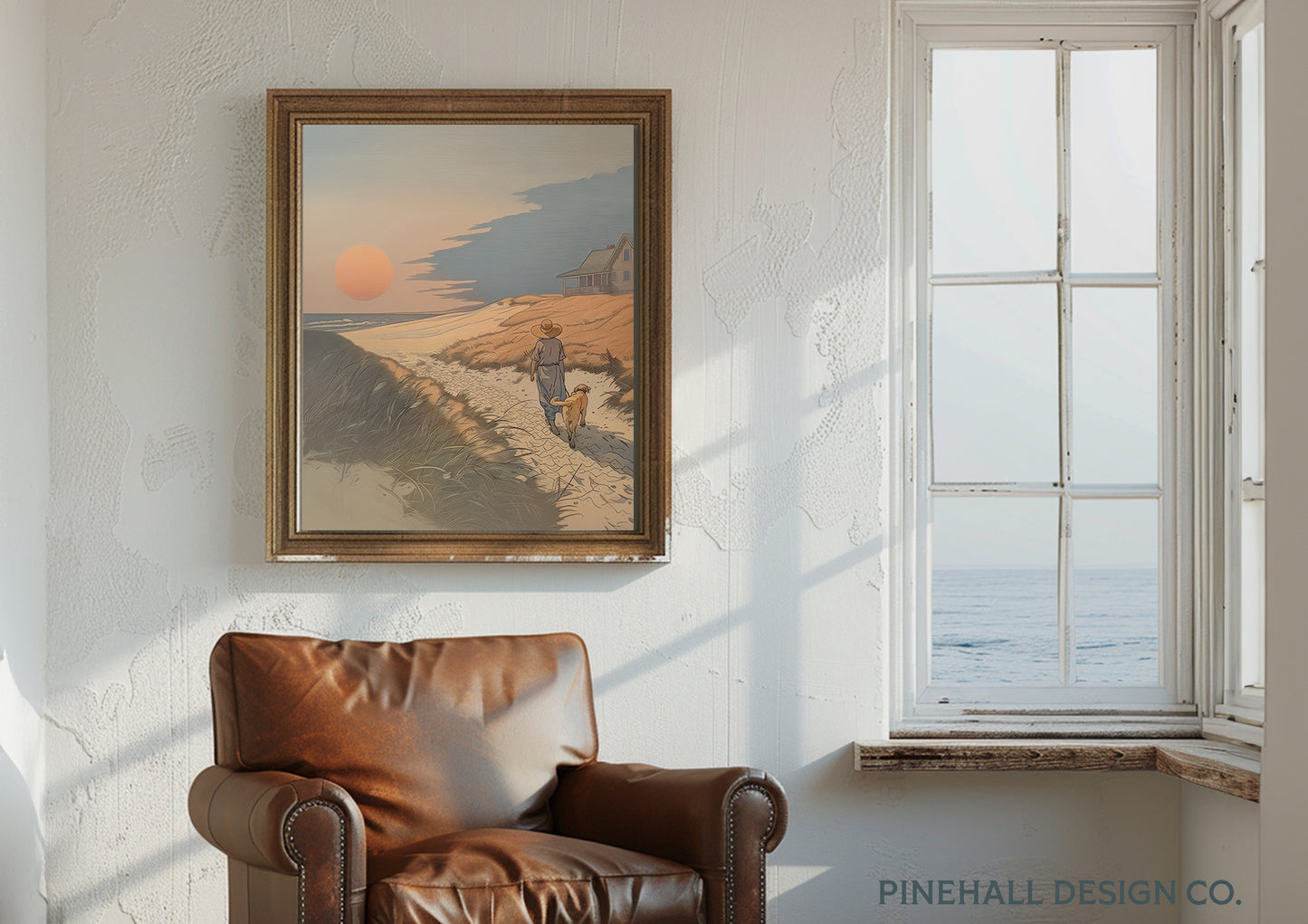 Enchanting Sunrise Beach House Dog Walk Illustration | Vintage Style Art Print | Instant Download Printable