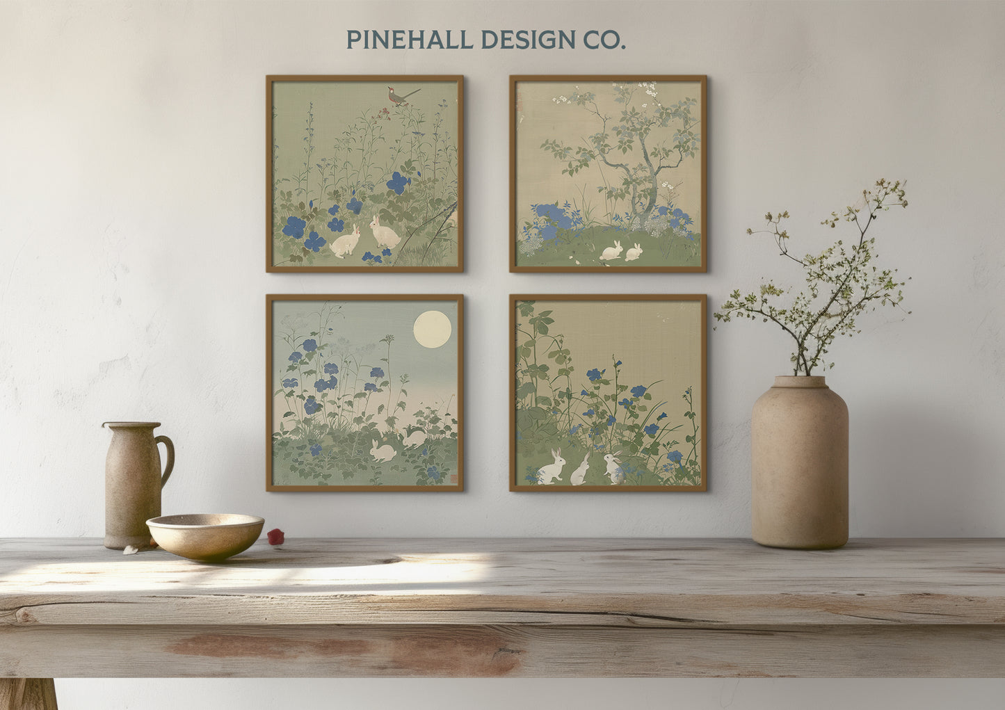 Rabbits Bunnies Vintage-Inspired |Nature Still Life Minimalist Woodblock | Set of 4, PRINTABLE DOWNLOAD