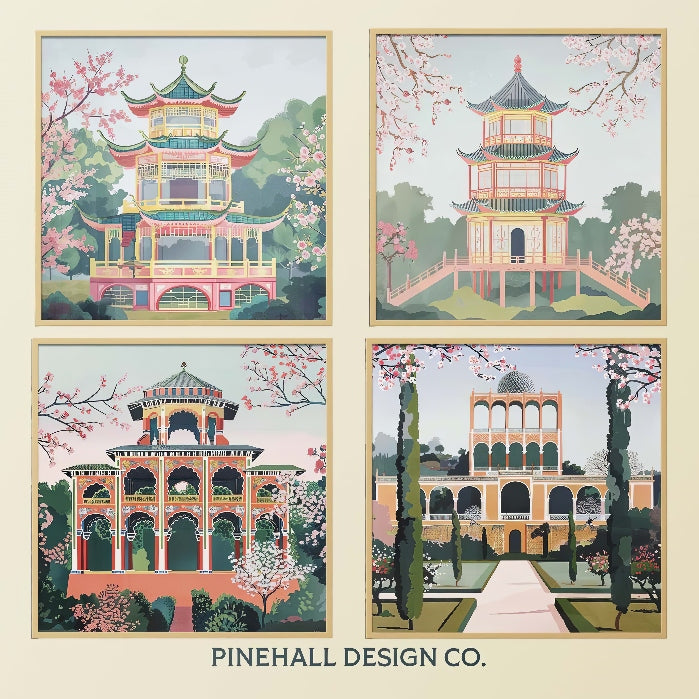 Asian Spring Garden Pagoda Digital Prints Bundle | Vintage Art Deco Inspired | Set of 4 | PRINTABLE DOWNLOAD