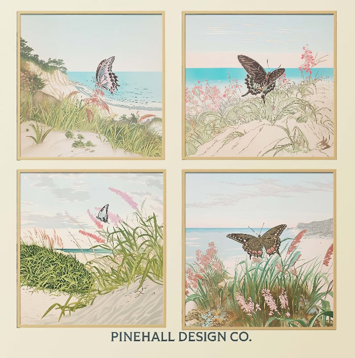 Beach Butterflies Woodblock-inspired scene with wildflowers | Coastal Vintage Digital Download Art