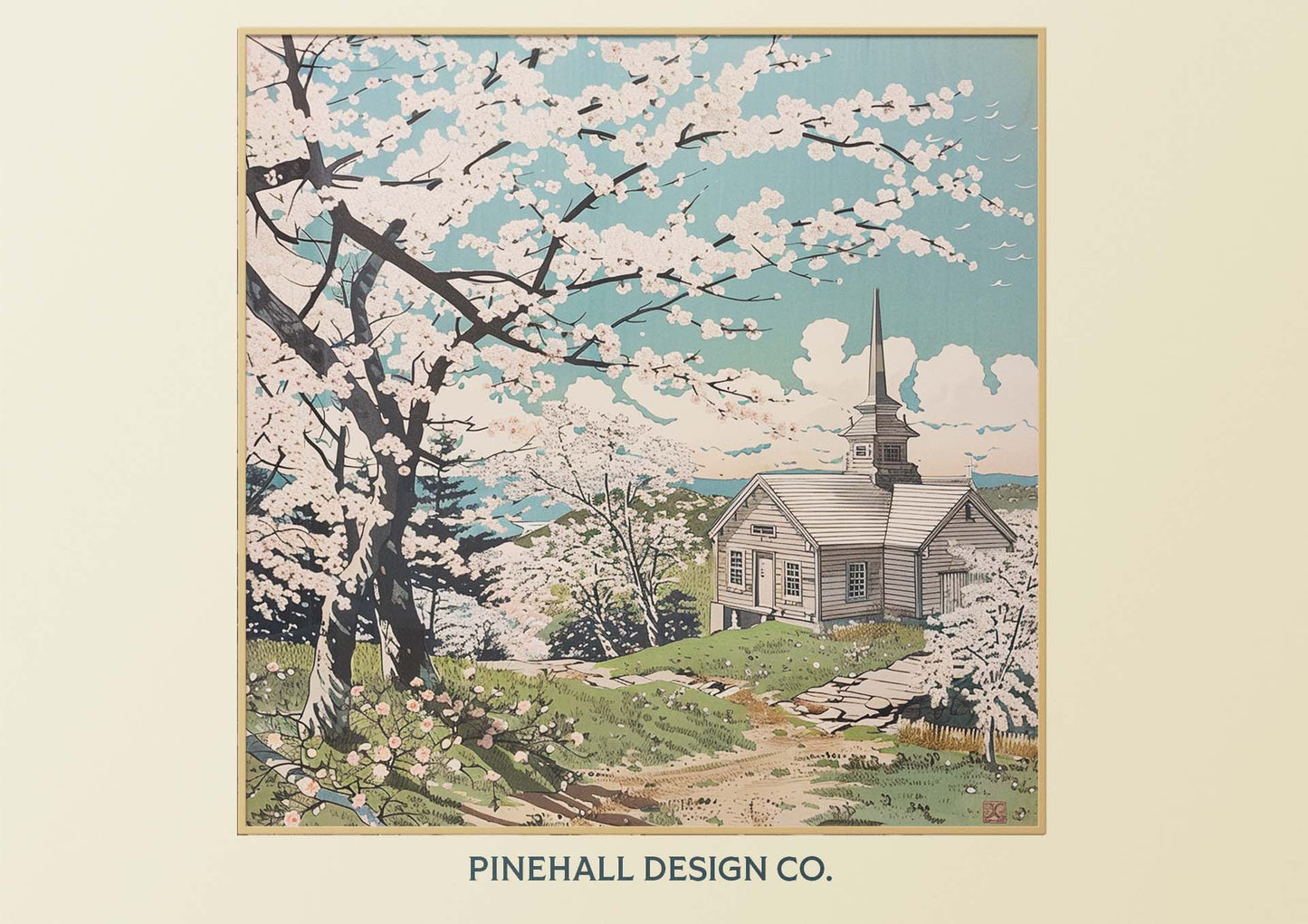 Cherry Blossom Churches in Countryside | Vintage Style Art Print | Instant Download Printables x4