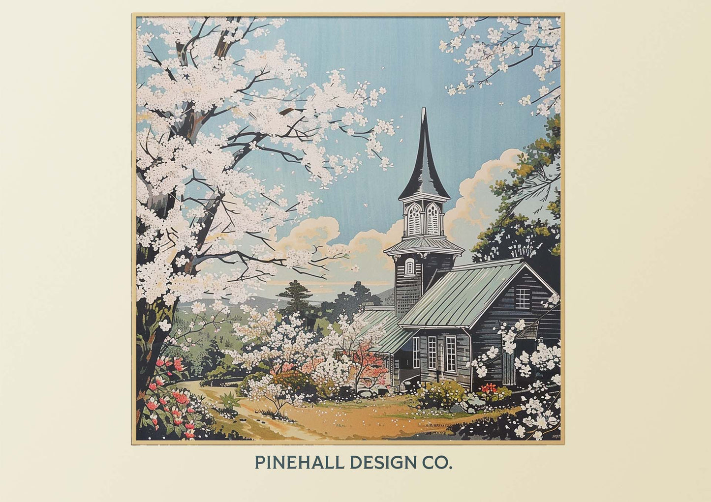 Cherry Blossom Churches in Countryside | Vintage Style Art Print | Instant Download Printables x4