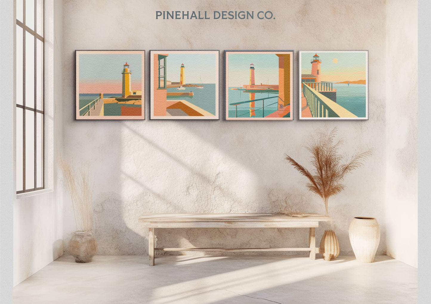 Art Deco Lighthouse Coastal Beach Prints | Vintage-Style Print for Home Décor | Instant Digital Download x4
