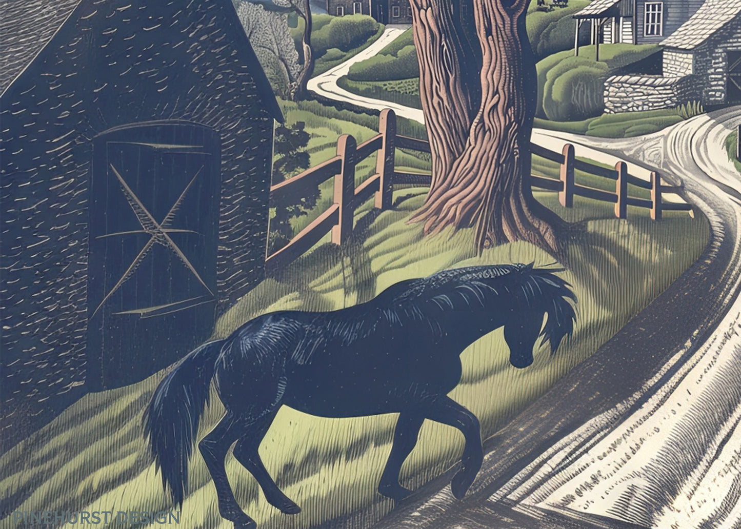 Black Stallion Enchanting Moonlit Farmstead | Vintage-Style Art Print | Instant Printable Download