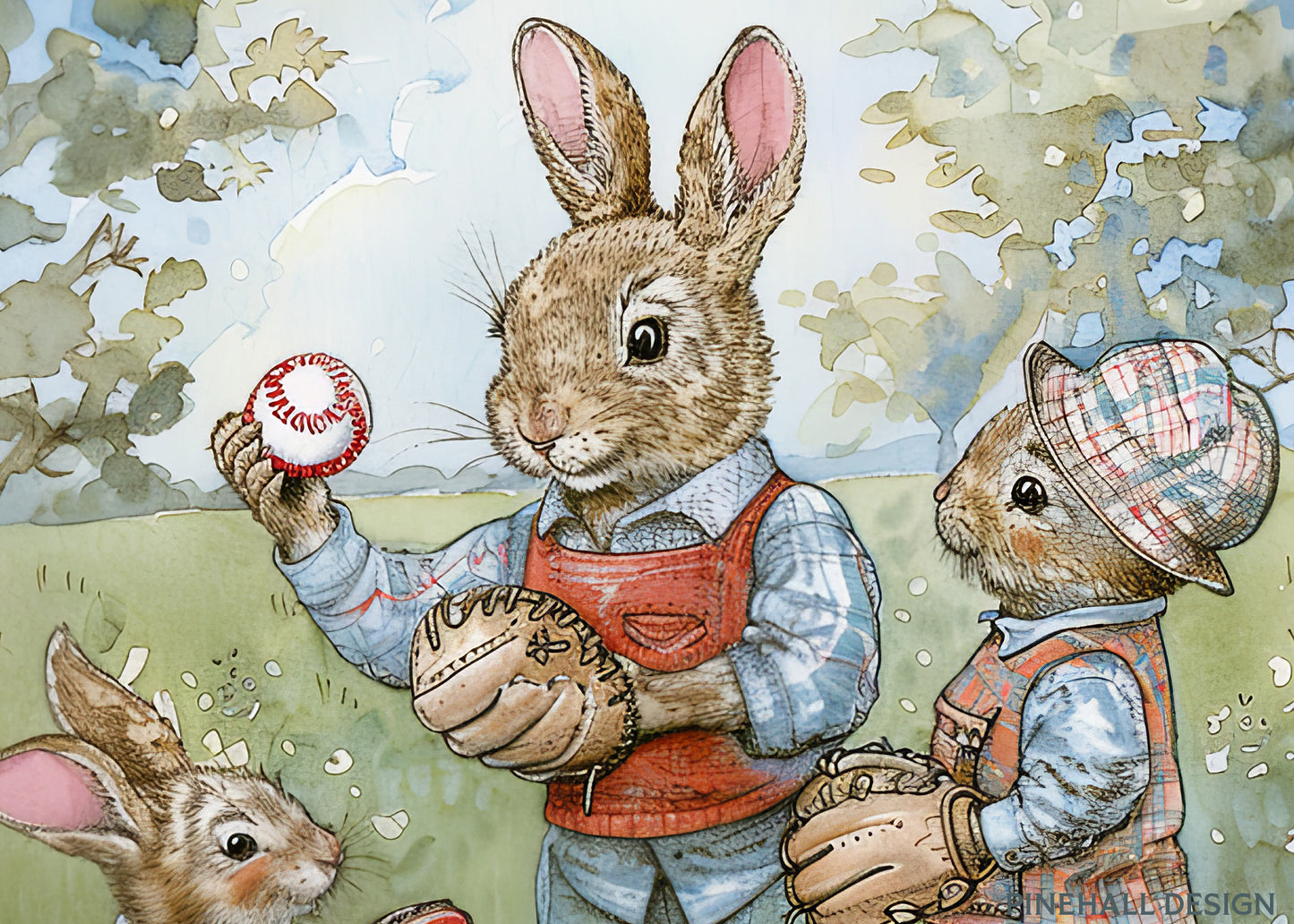 Bunnies Family Baseball Practice | Vintage Children's Illustration | Instant Digital Download