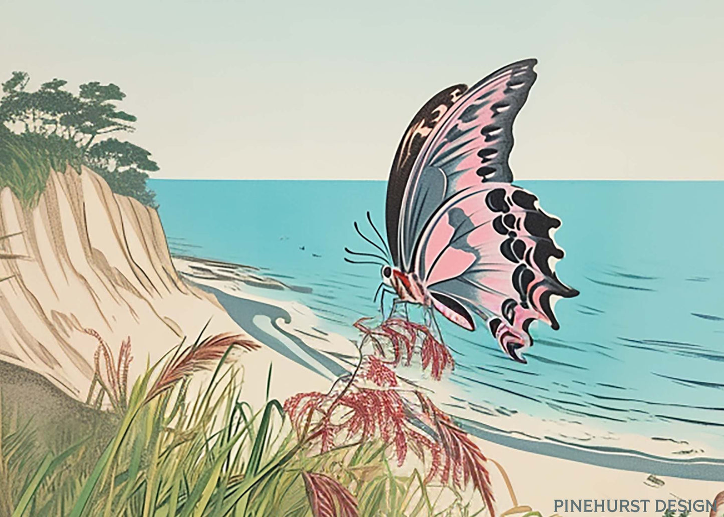 Beach Butterflies Woodblock-inspired scene with wildflowers | Coastal Vintage Digital Download Art