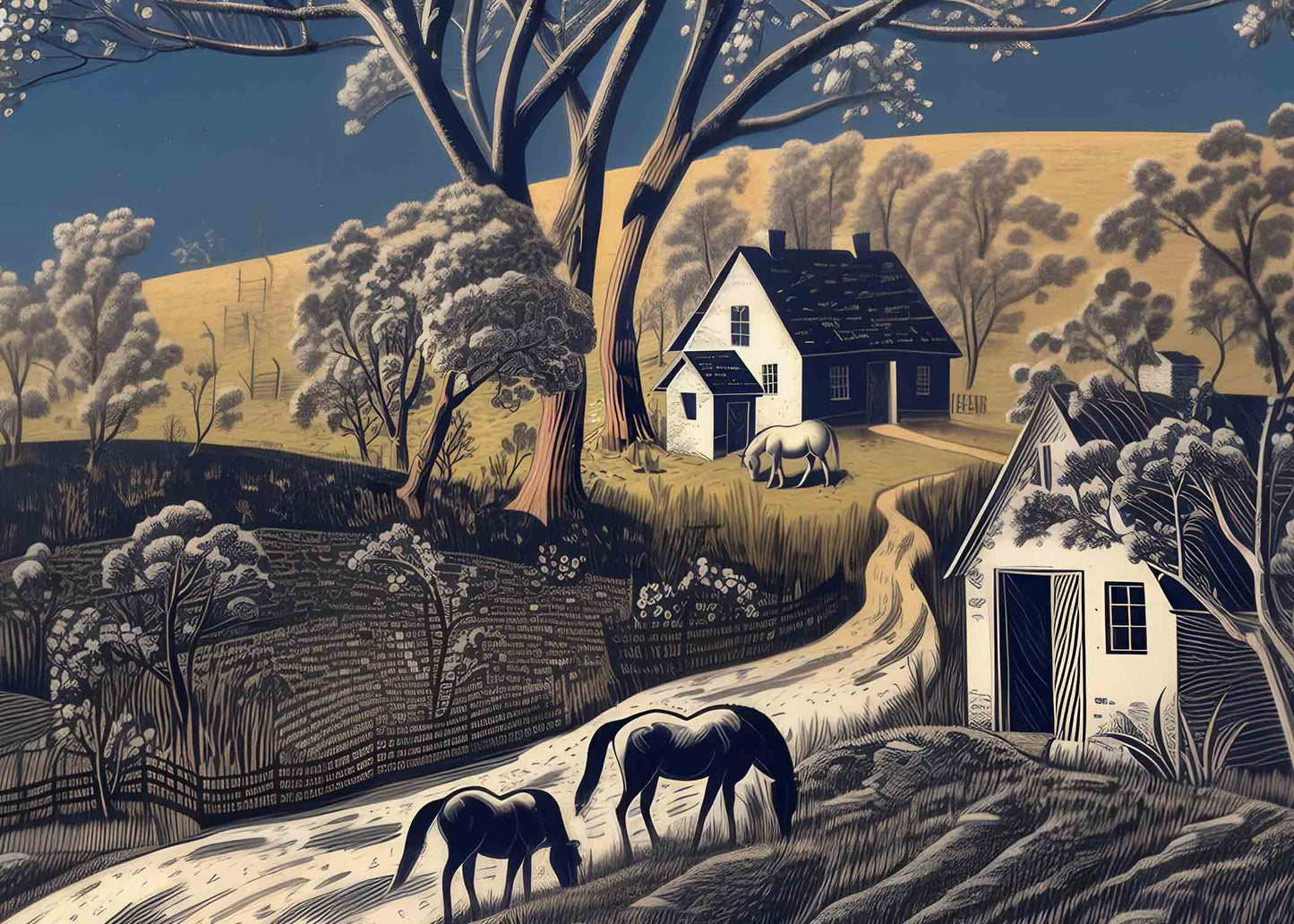 Pastoral Horse Farm Print | Vintage Style Art Print | Instant Download Printable