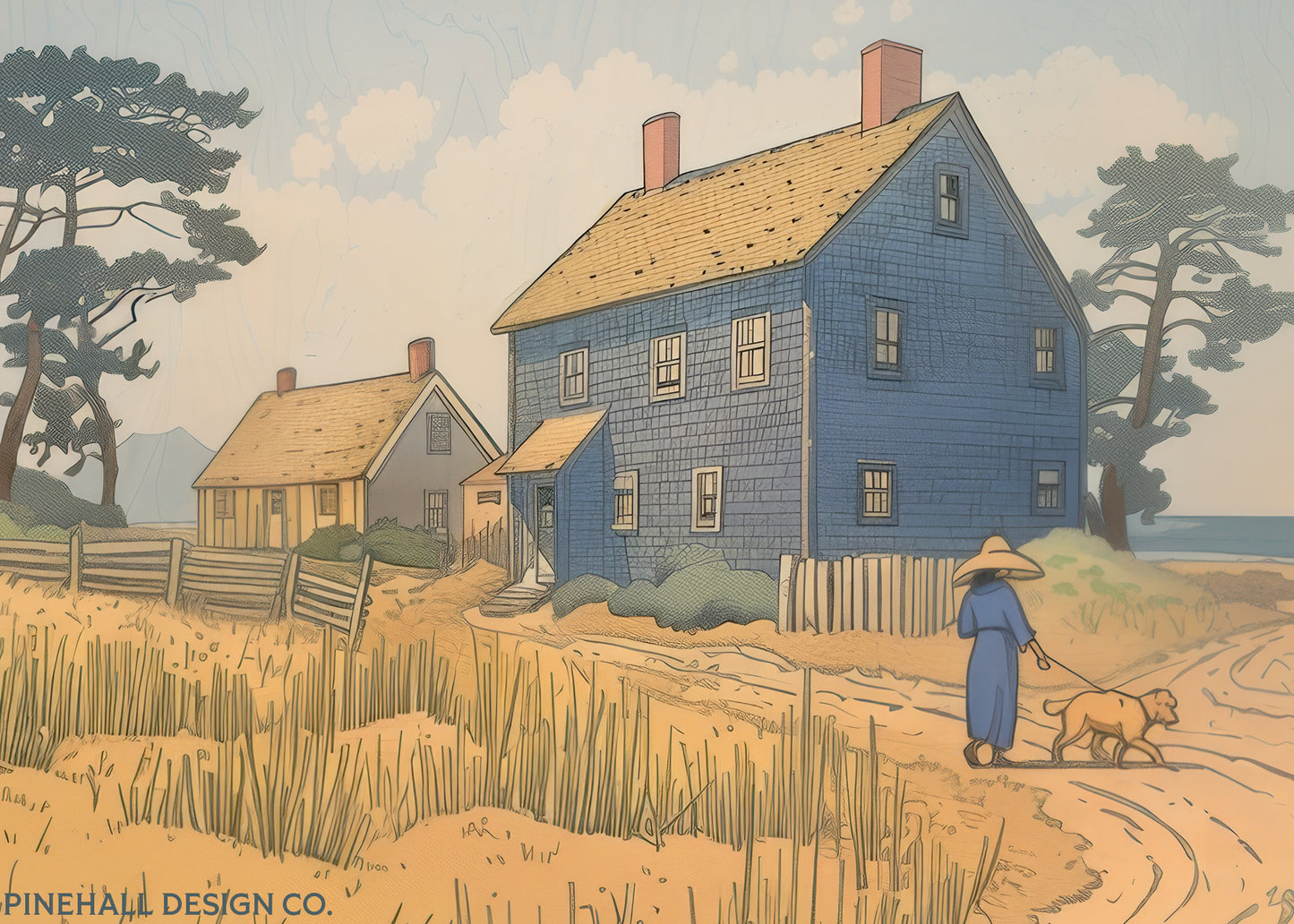 Relaxing Beach House Dog Walk Illustration | Vintage Style Art Print | Instant Download Printable