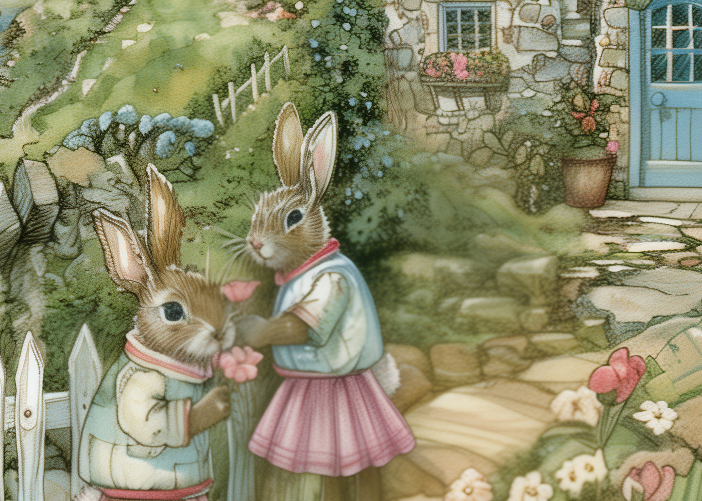 Bunnies Picking Flowers at the Seaside Cottage | Vintage Style Art Print | Instant Download