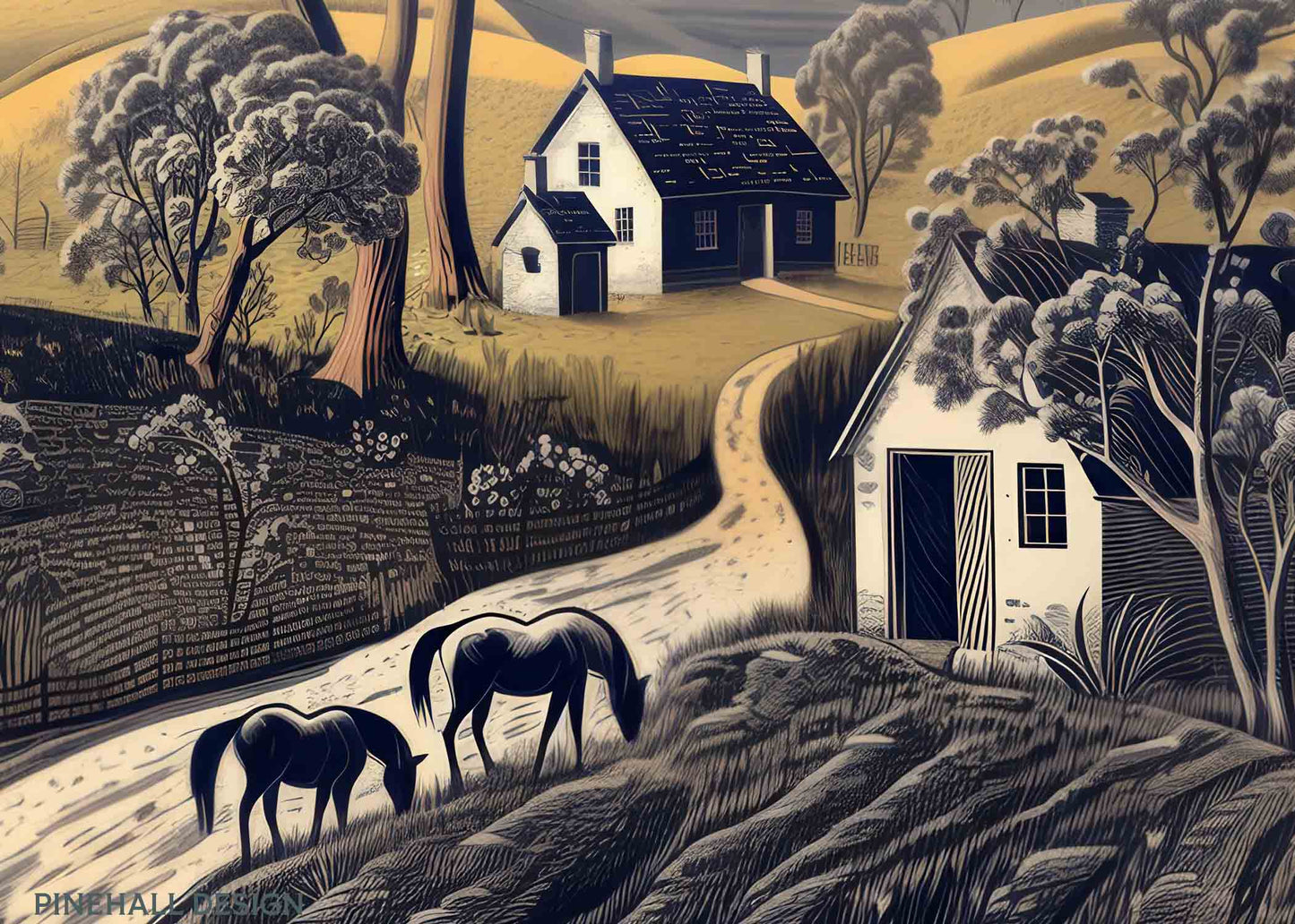 Pastoral Horse Farm Print Variation #2 | Vintage Style Art Print | Instant Download Printable
