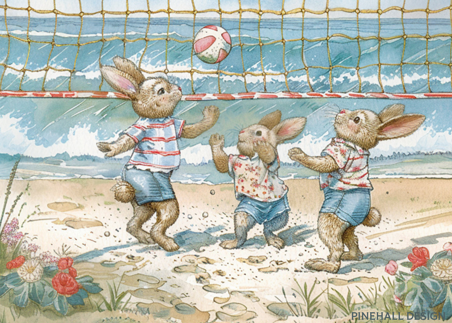 Bunnies Beach Volleyball Game | Vintage Children's Illustration | Instant Digital Download