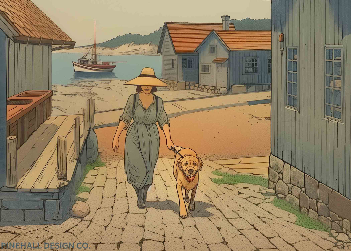 Coastal Village Stroll Illustration | Vintage Style Art Print | Instant Download