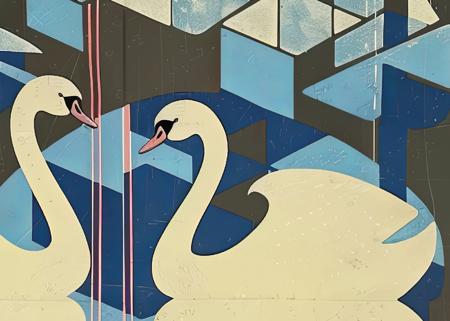 Japanese Swans Kimono Mid-Century Modern  Textile | Vintage-Inspired Abstract Art Museum Instant Download
