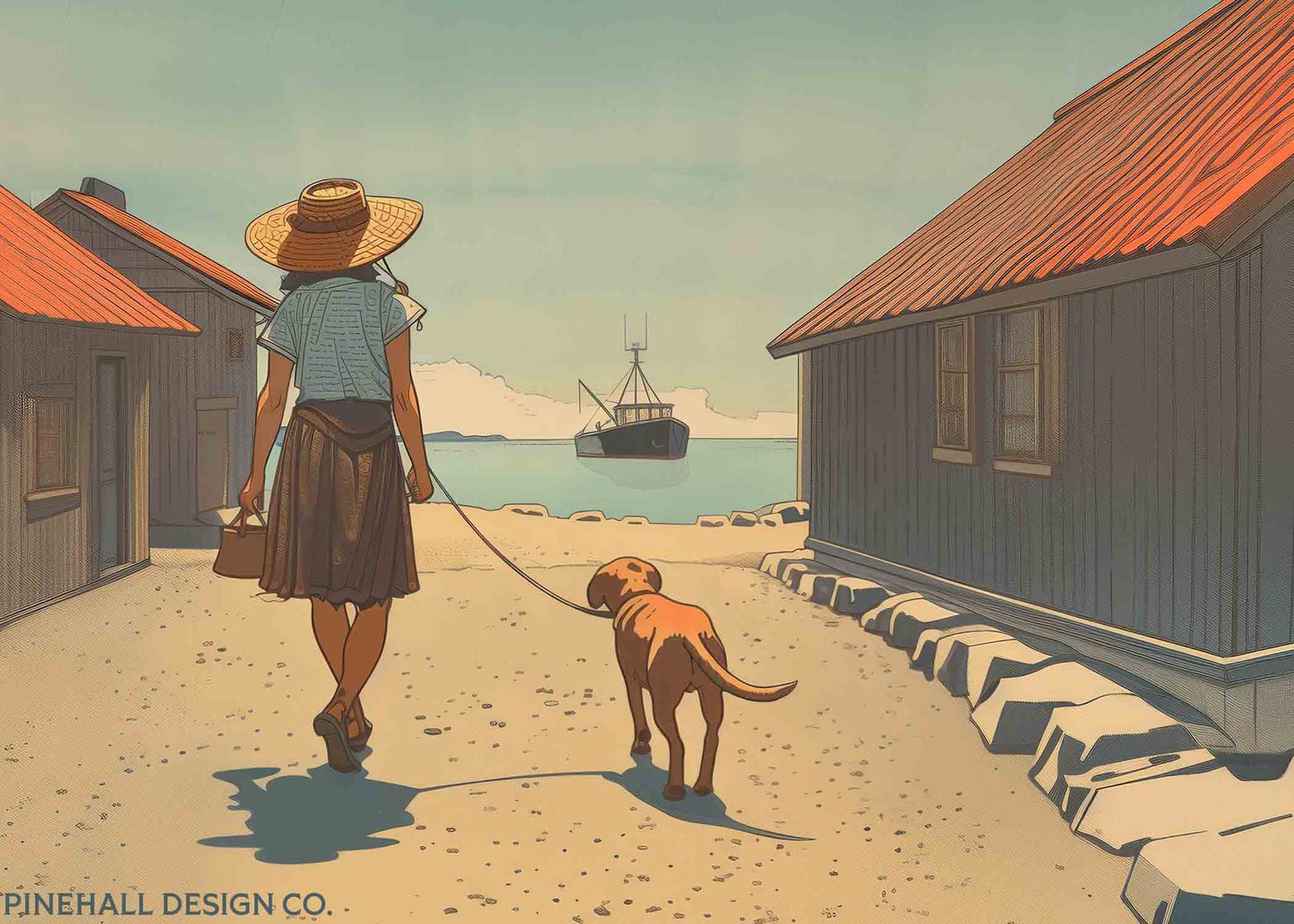 Girl and Her Puppy Strolling Through Coastal Village Illustration | Vintage Style Art Print | Instant Download