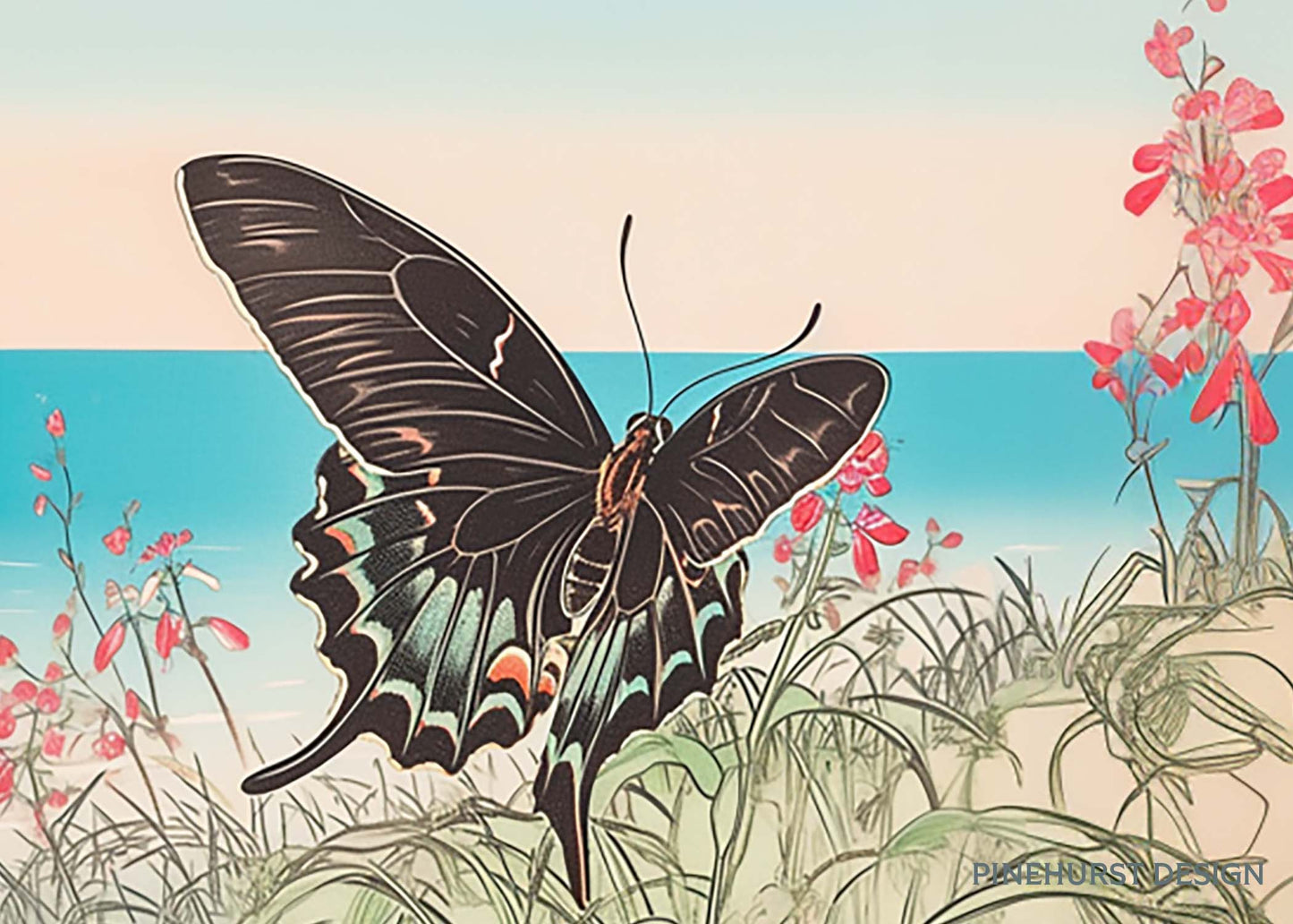 Beach Butterflies Woodblock-inspired scene with wildflowers | Coastal Vintage Digital Download Art