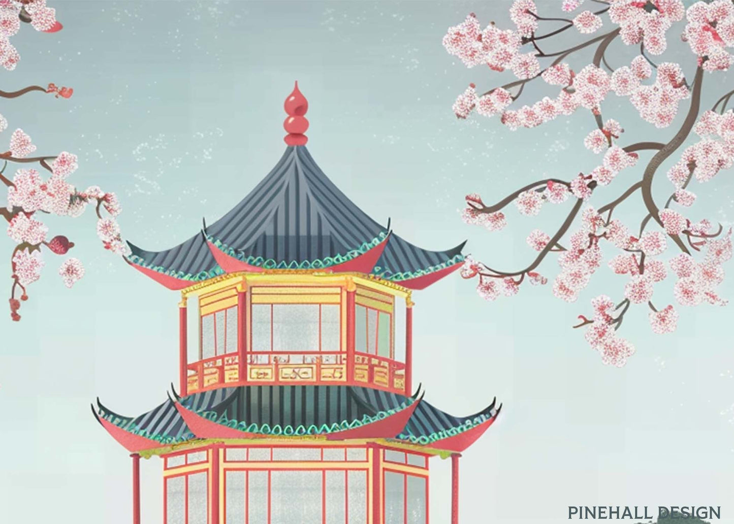 Asian Spring Garden Pagoda Digital Prints Bundle | Vintage Art Deco Inspired |  Set of 4 | PRINTABLE DOWNLOAD