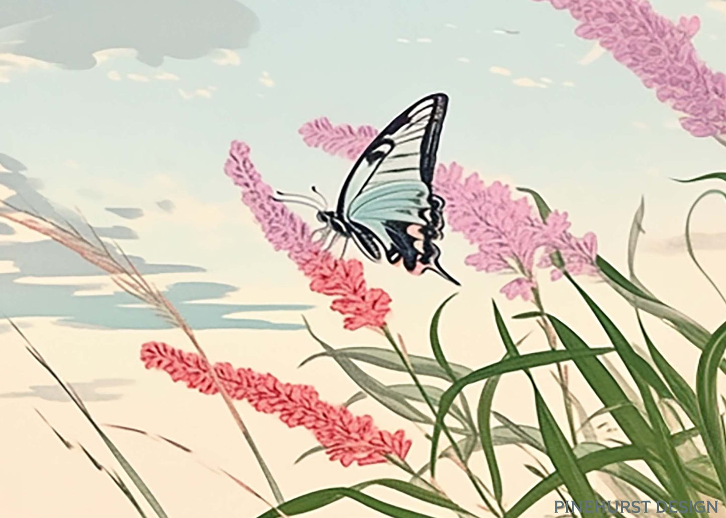 Beach Butterflies Woodblock-inspired scene with wildflowers | Coastal Vintage Digital Download Art