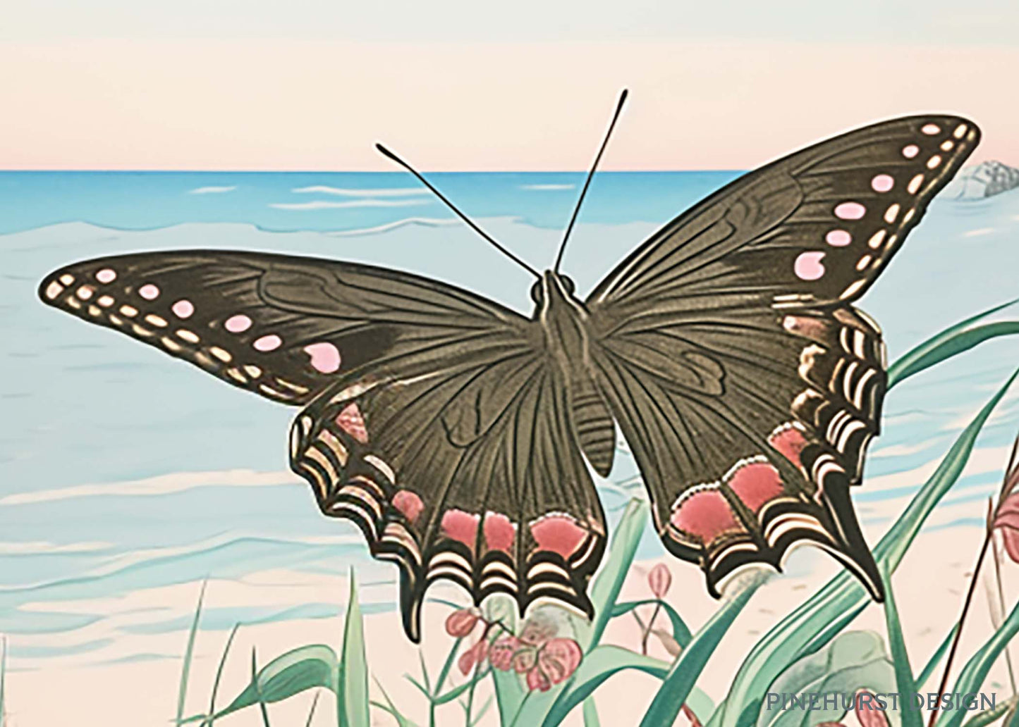 Beach Butterflies Woodblock-inspired scene with wildflowers | Coastal Vintage Digital Download Art