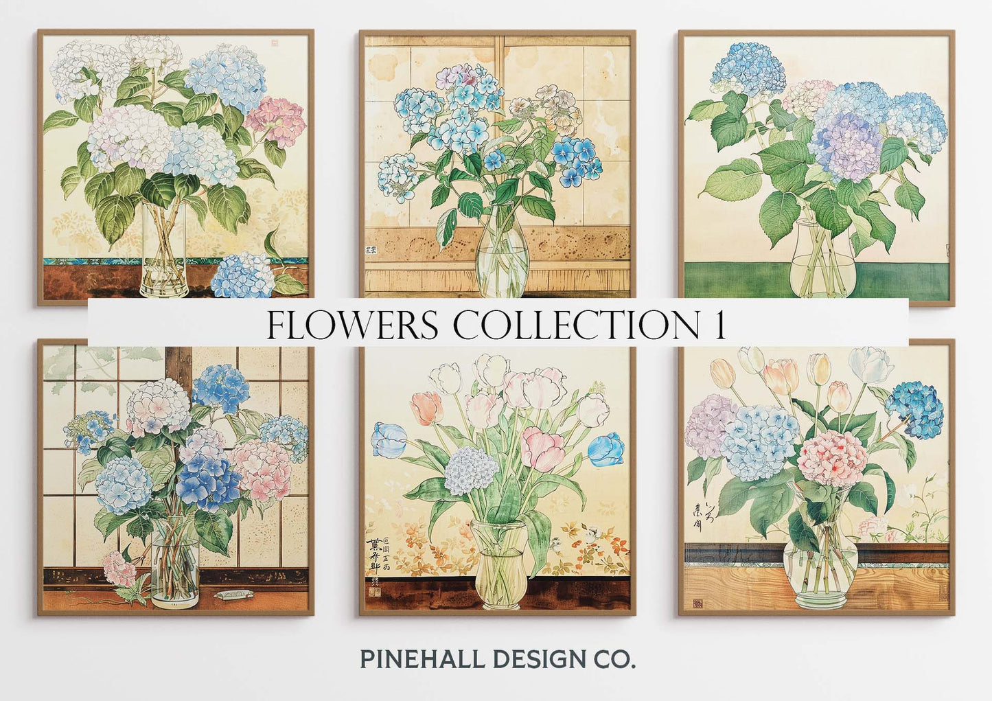 Still Life Flowers | Hydrangeas, Phlox & Tulips | Asian Vintage-Inspired, set of 6 | PRINTABLE DOWNLOAD