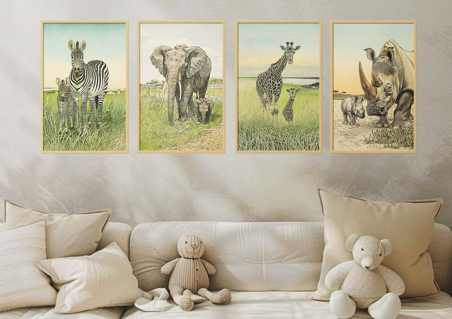 African Wildlife Animals | Mom and Baby Illustration Portraits | Gorilla Cheetah Hippo Lion | Printable Download x4