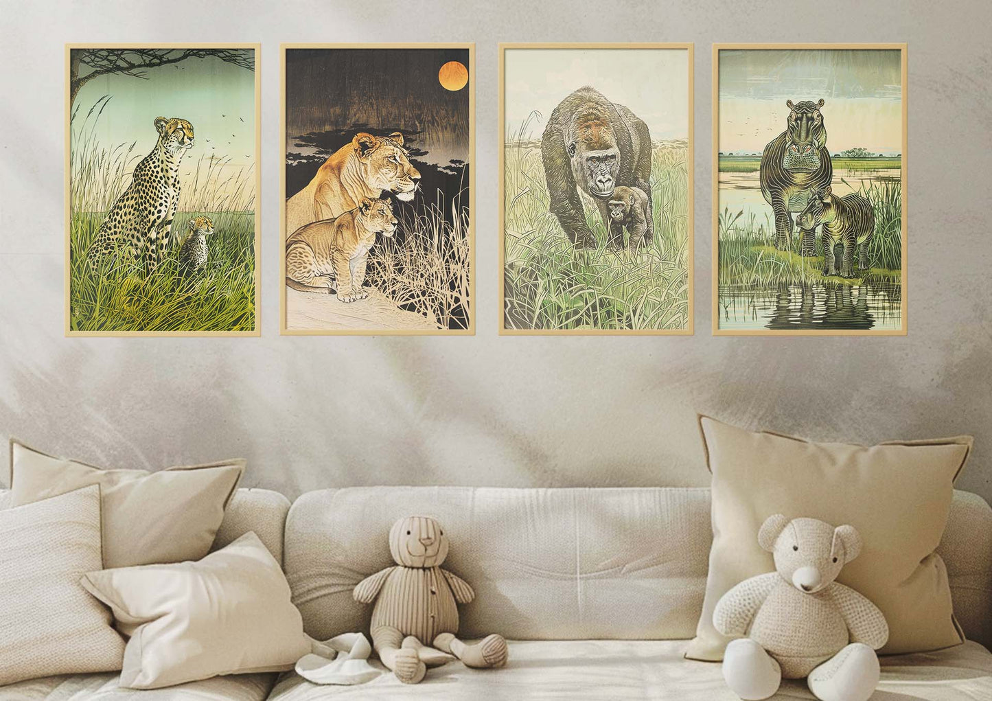 African Wildlife Animals | Mom and Baby Illustration Portraits | Gorilla Cheetah Hippo Lion | Printable Download x4