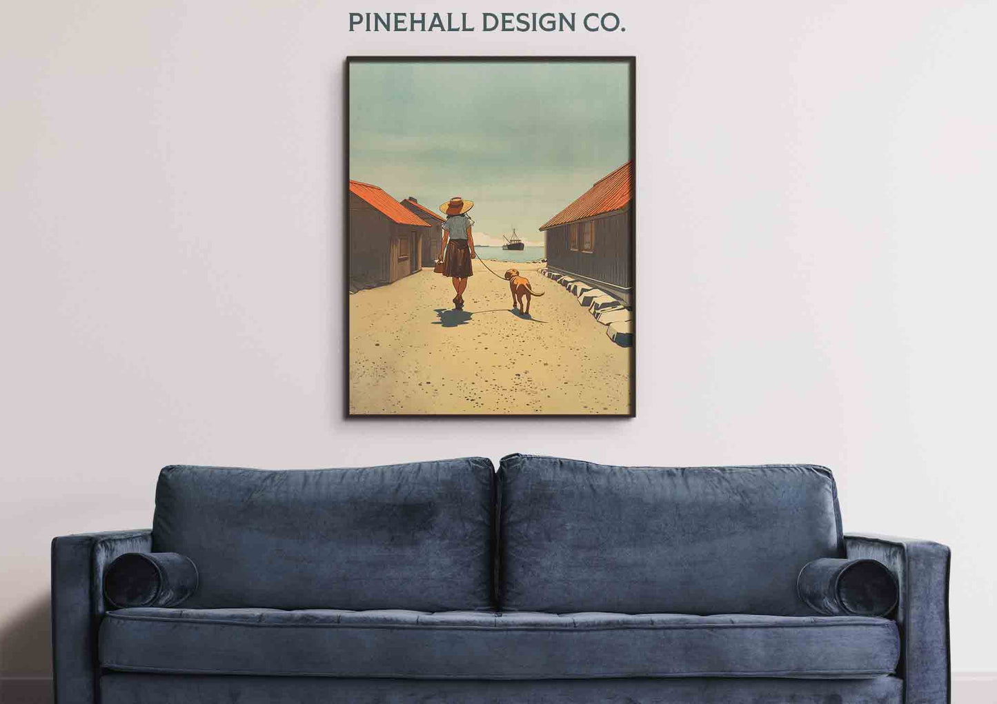 Girl and Her Puppy Strolling Through Coastal Village Illustration | Vintage Style Art Print | Instant Download
