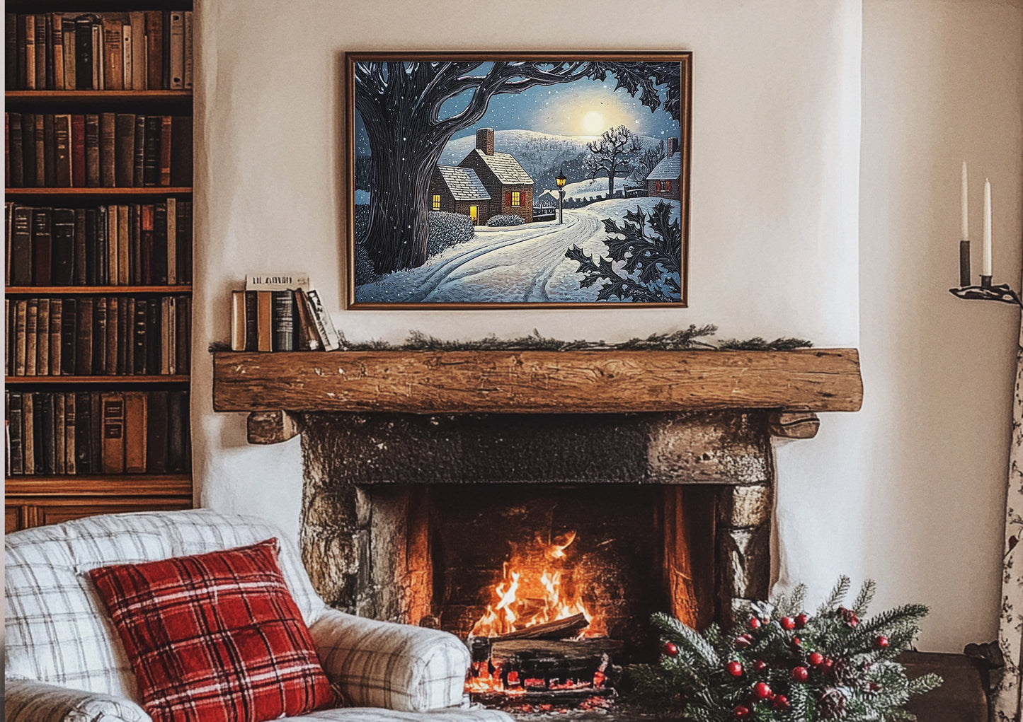 Relaxing Winter Village Evening Illustration | Vintage Style Art Print | Instant Download Printable