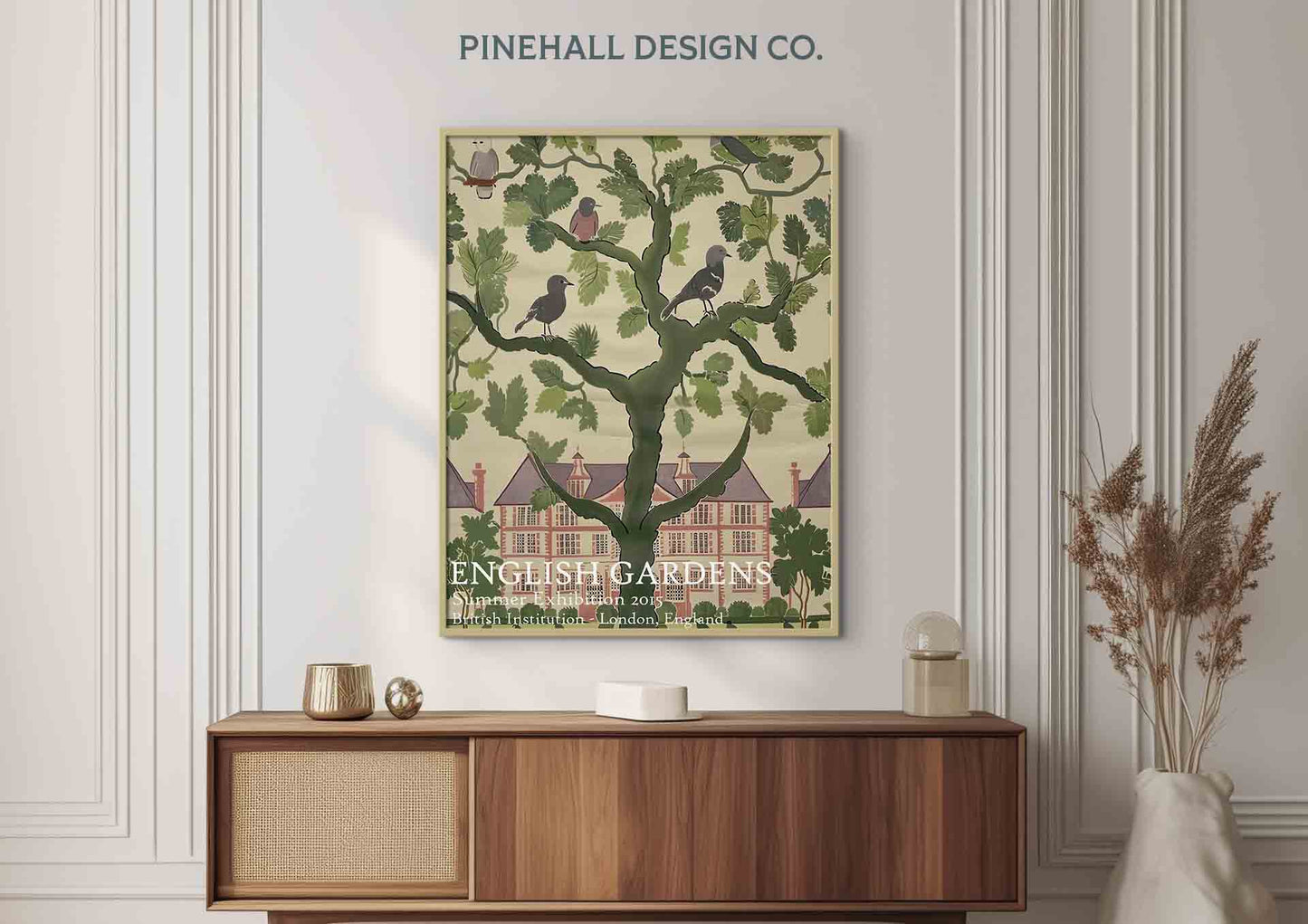 English Manor House Garden Bird and Botanical Pattern | Vintage-Inspired Textile Museum Art | Instant Download