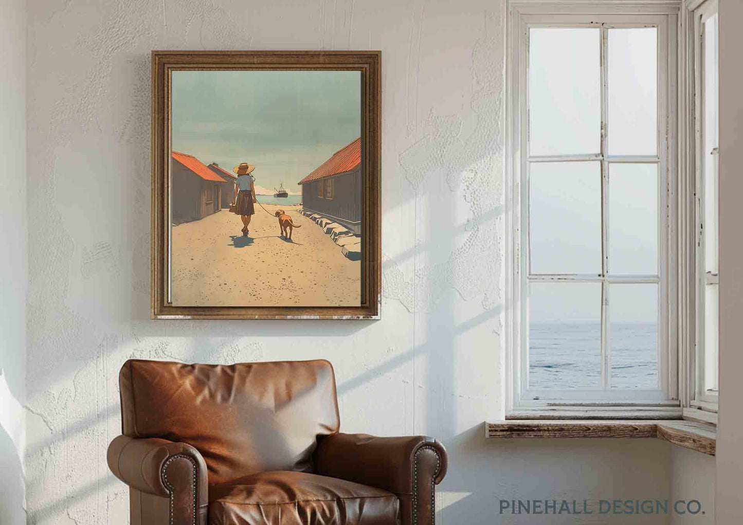 Girl and Her Puppy Strolling Through Coastal Village Illustration | Vintage Style Art Print | Instant Download