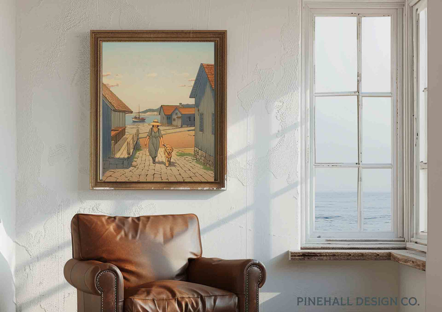 Coastal Village Stroll Illustration | Vintage Style Art Print | Instant Download