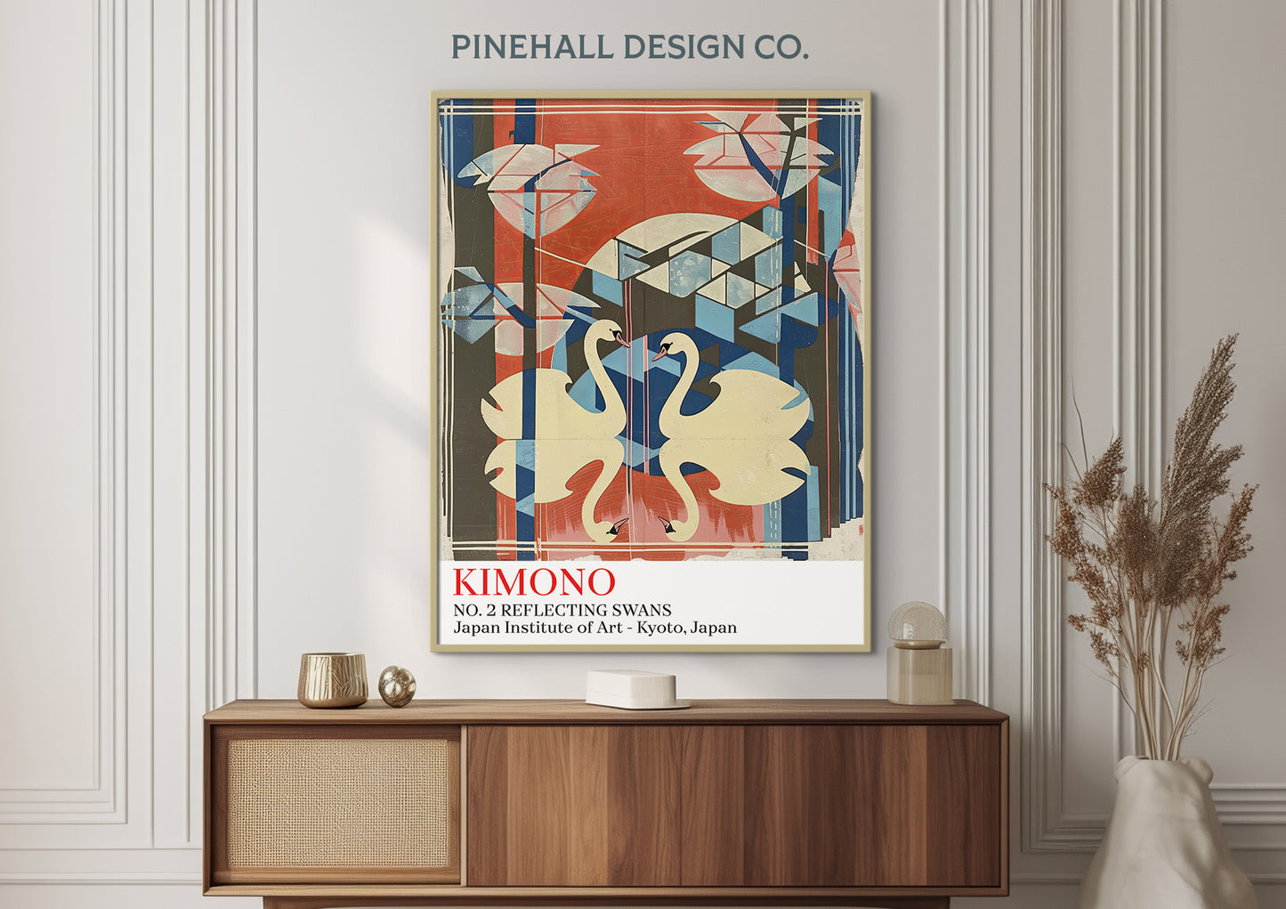 Japanese Swans Kimono Mid-Century Modern  Textile | Vintage-Inspired Abstract Art Museum Instant Download