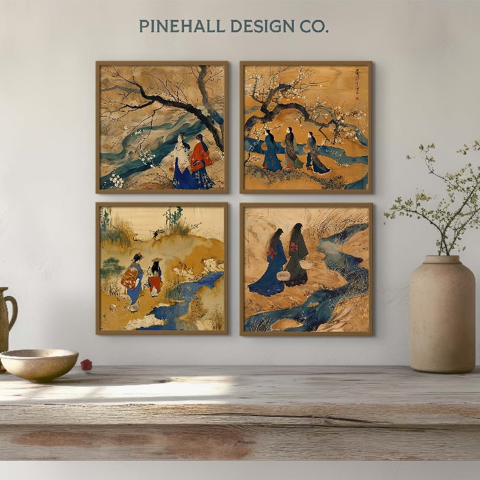Sisters Edo Japan Walking to the Kimono Market l Vintage-Inspired Rich Illustration | Set of 4 | PRINTABLE DOWNLOAD