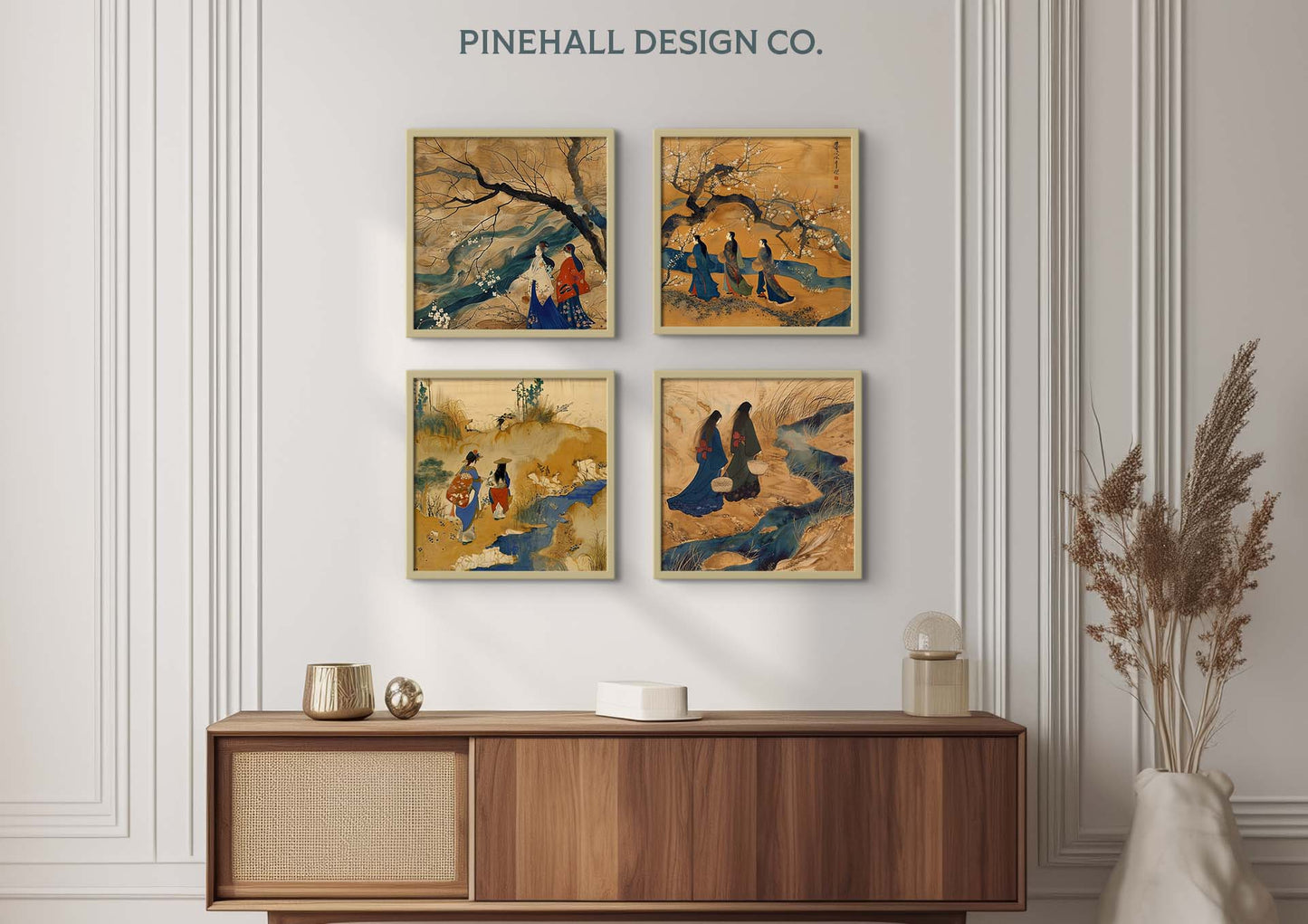 Sisters Edo Japan Walking to the Kimono Market l Vintage-Inspired Rich Illustration | Set of 4 | PRINTABLE DOWNLOAD