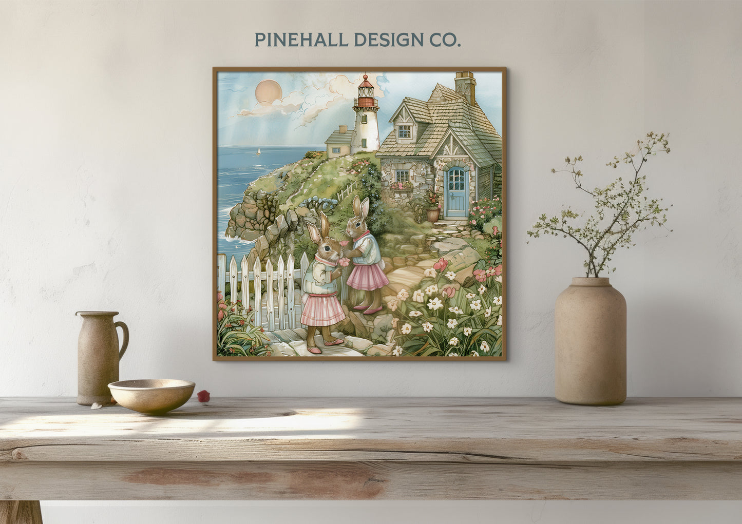 Bunnies Picking Flowers at the Seaside Cottage | Vintage Style Art Print | Instant Download