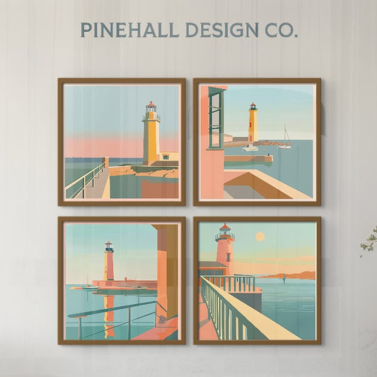 Art Deco Lighthouse Coastal Beach Prints | Vintage-Style Print for Home Décor | Instant Digital Download x4