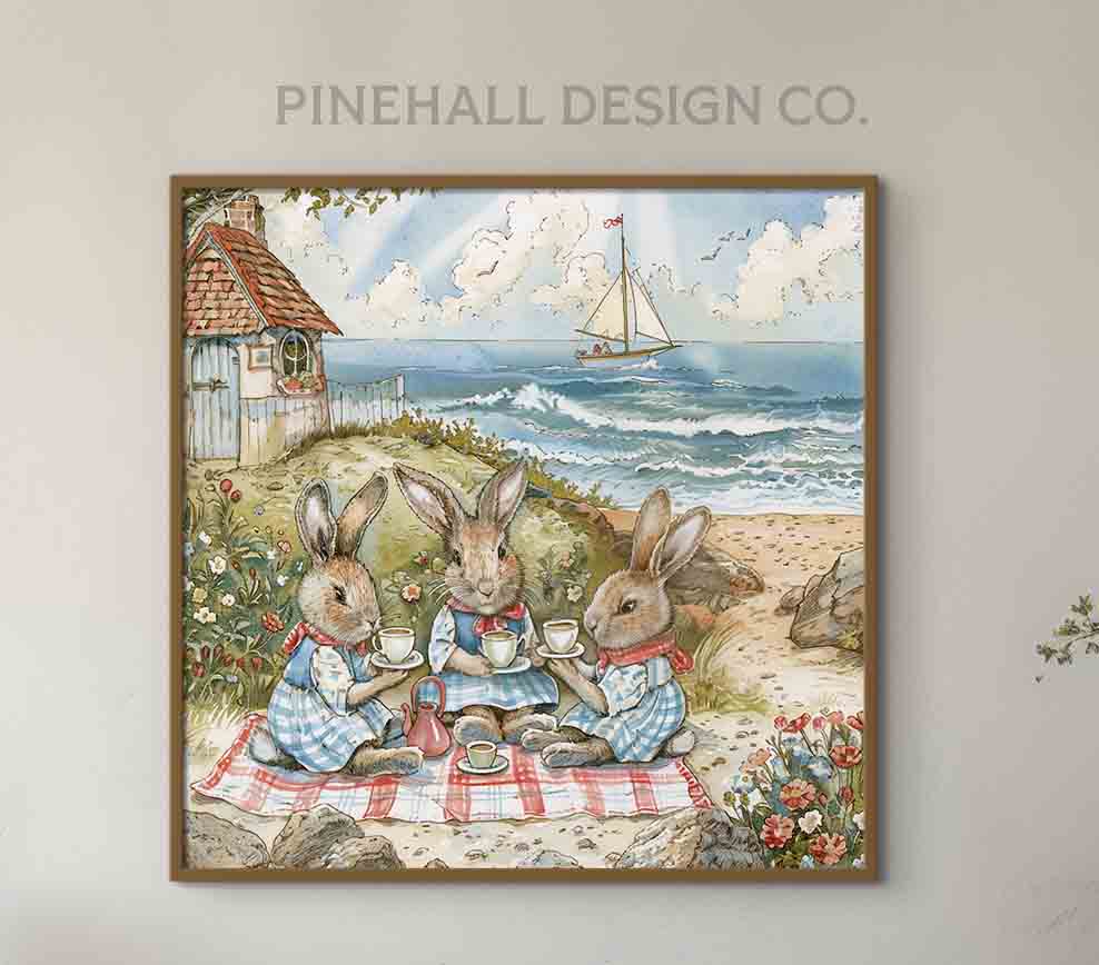 Beach Bunnies Seaside Picnic | Vintage Children's Illustration | Instant Digital Download