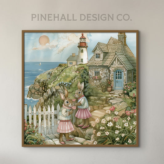 Bunnies Picking Flowers at the Seaside Cottage | Vintage Style Art Print | Instant Download