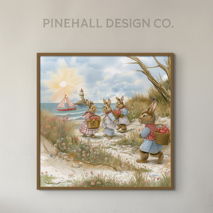 Bunnies Visit The Lighthouse | Vintage Style Art Print | Instant Download