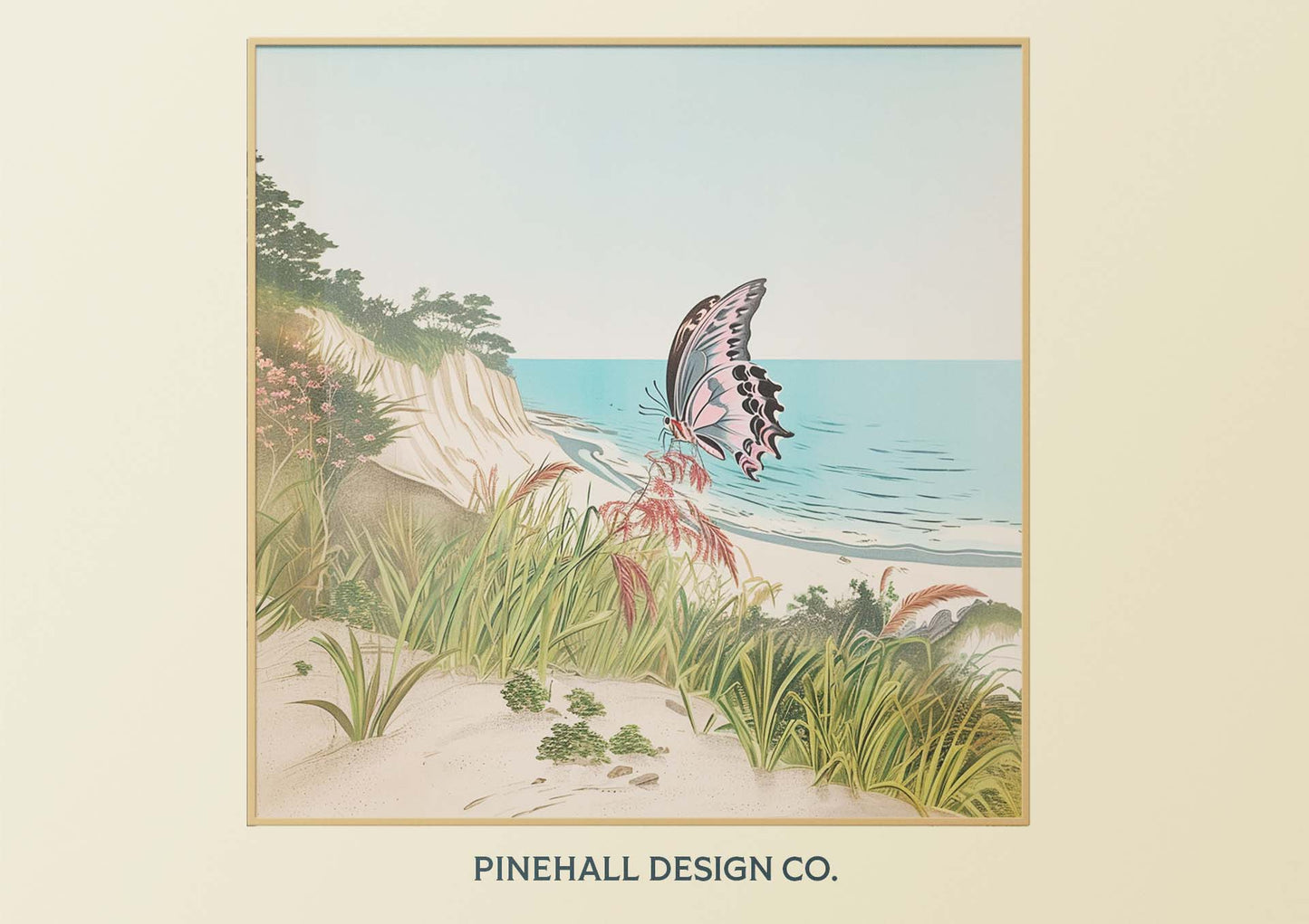 Beach Butterflies Woodblock-inspired scene with wildflowers | Coastal Vintage Digital Download Art