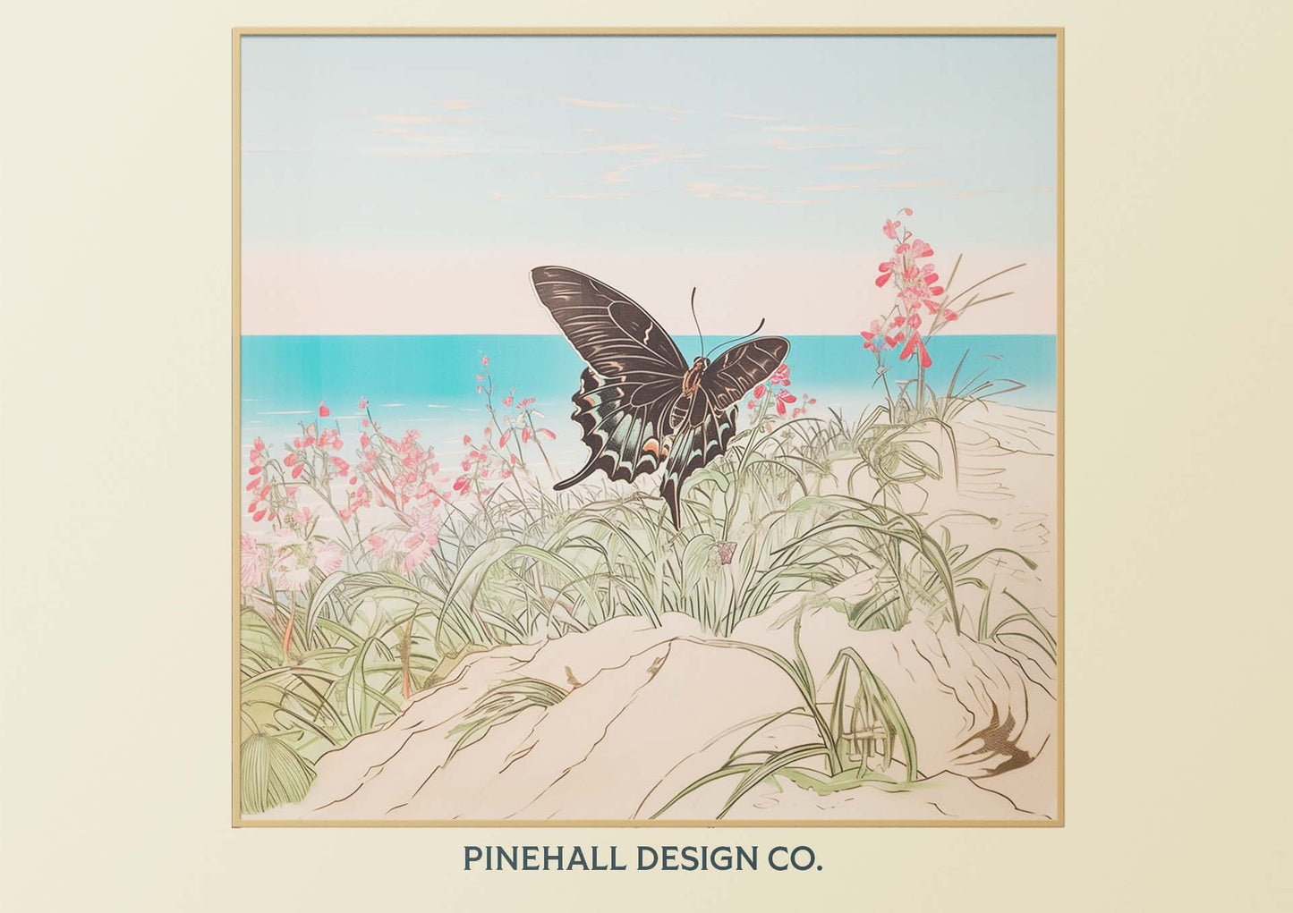 Beach Butterflies Woodblock-inspired scene with wildflowers | Coastal Vintage Digital Download Art