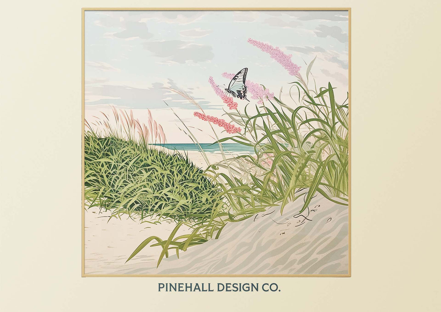 Beach Butterflies Woodblock-inspired scene with wildflowers | Coastal Vintage Digital Download Art