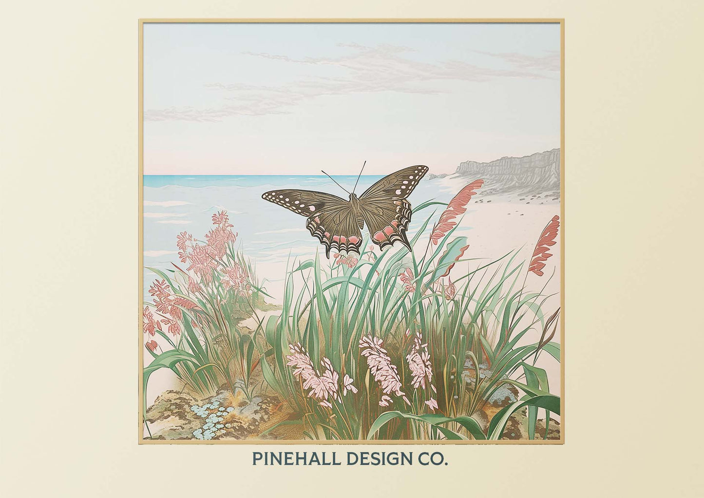 Beach Butterflies Woodblock-inspired scene with wildflowers | Coastal Vintage Digital Download Art