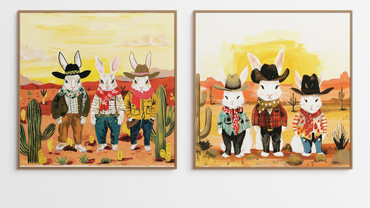 Cowboy and Cowgirl Bunnies Illustration | Set of 2 | Printable Download