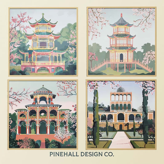 Asian Spring Garden Pagoda Digital Prints Bundle | Vintage Art Deco Inspired |  Set of 4 | PRINTABLE DOWNLOAD