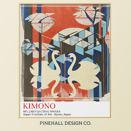 Japanese Swans Kimono Mid-Century Modern  Textile | Vintage-Inspired Abstract Art Museum Instant Download