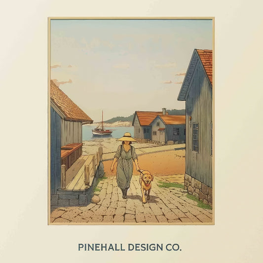 Coastal Village Stroll Illustration | Vintage Style Art Print | Instant Download