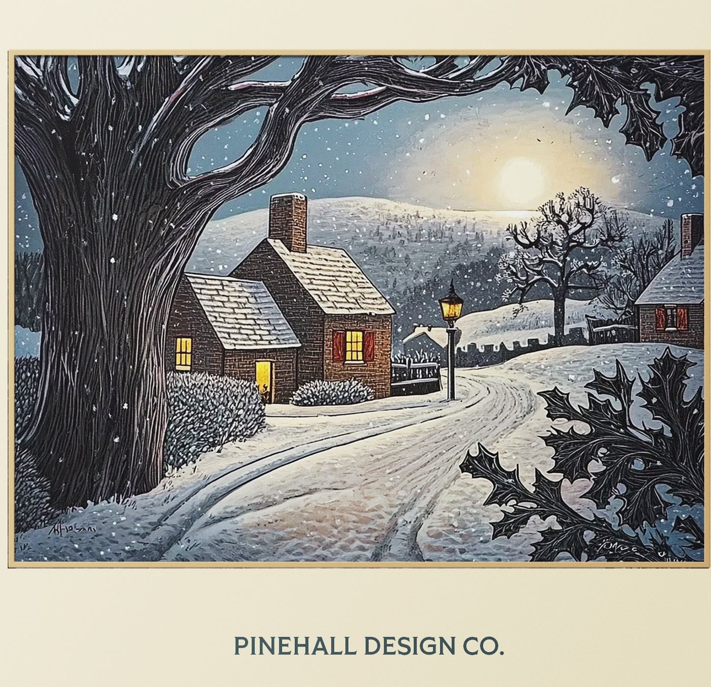 Relaxing Winter Village Evening Illustration | Vintage Style Art Print | Instant Download Printable