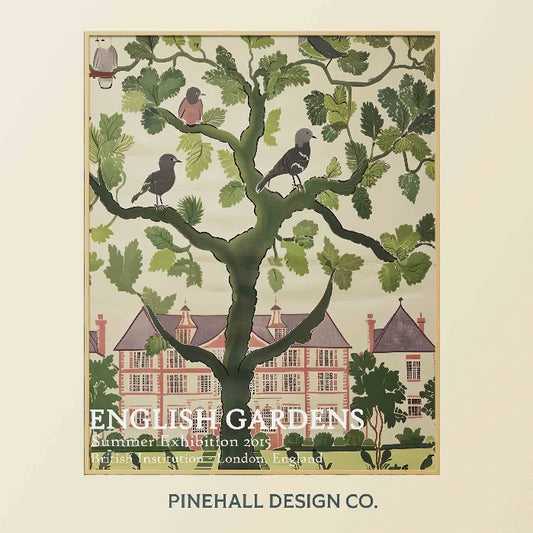 English Manor House Garden Bird and Botanical Pattern | Vintage-Inspired Textile Museum Art | Instant Download